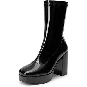 ⚡Dream Pair Women Black-pat Faux Leather Mid Calf Platform Block Heel Ankle Boot